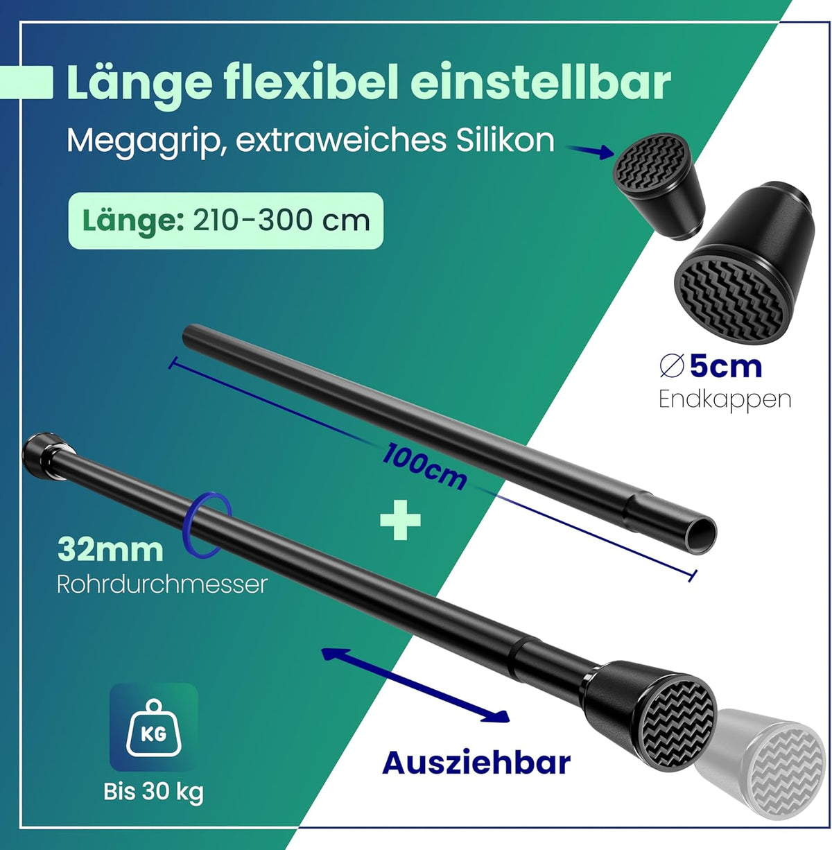 LOBUX® - Gordijnstang zonder boren [zwart, 210-300cm] - telescopische stang gordijn uitschuifbaar - douchestang zonder boren - gordijnstang, douchegordijnstang, kledingstang, klemstang kattennet