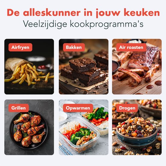 KitchenBrothers Airfryer XL - 5L - 1500W - Heteluchtfriteuse - 60ºC tot 200ºC - Small design - Extra stil - 6 Kookprogramma's - Zwart