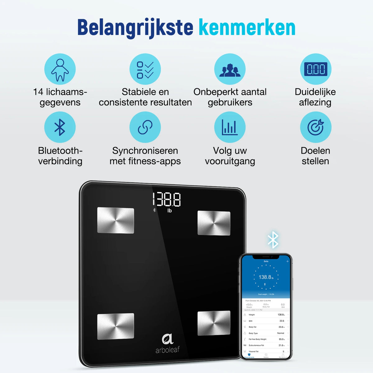 Arboleaf CS20N Slimme Personenweegschaal - Bluetooth - 14 Lichaamsmetingen - BMI- en Spiermassa-analyse - App - Zwart