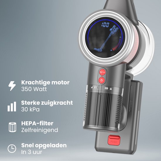 Auronic Steelstofzuiger - Draadloos - Zelfstaande Stofzuiger - Zonder Zak - 350W - Vacuum Cleaner - Grijs/Rood