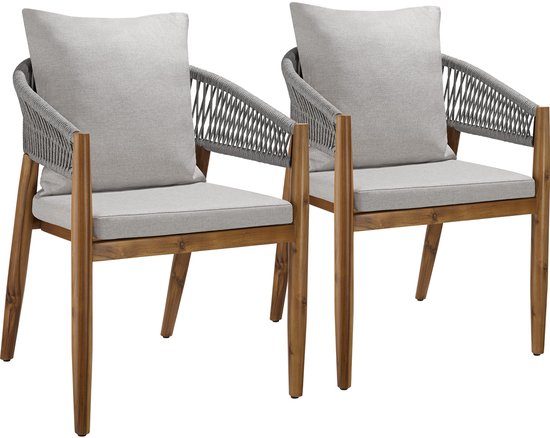 tectake® Set van 2 Tuinstoelen Manacor - Tuinstoel in Rope-Design - Balkonset - Weerbestendige Buitenstoel van Gelakt Acaciahout - Grijs/Beige - Stoelen voor Tuin, Balkon, Terras