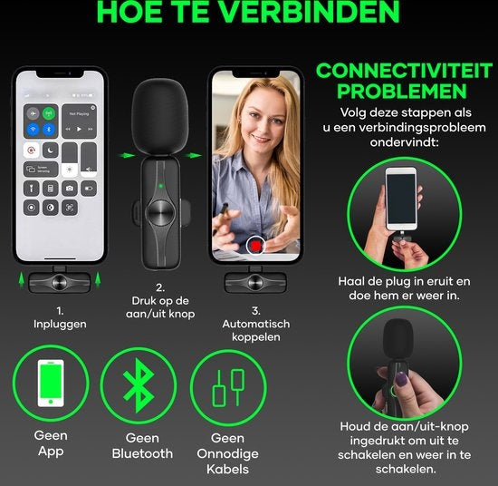 MATTI® 2-in-1 - Draadloze Microfoon voor Vlogs - iPhone - Dasspeld Microfoon - Lavalier - Lightning