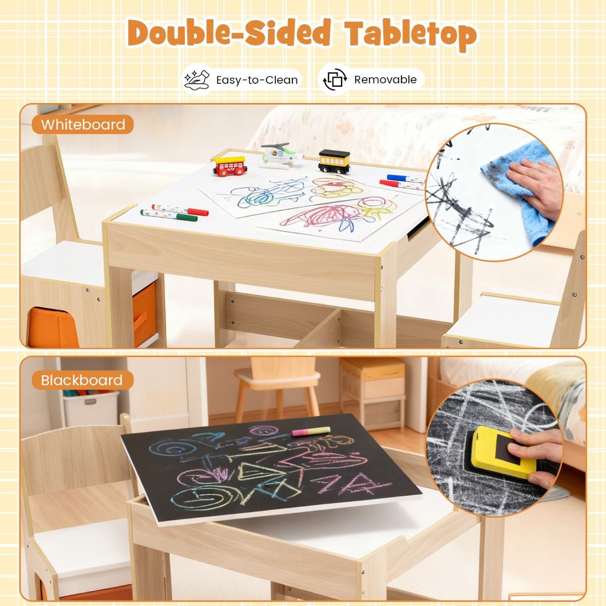 Coast Kindertafel en Stoelset - Houten activiteiten tafel - Dubbelzijdig blad - Naturel
