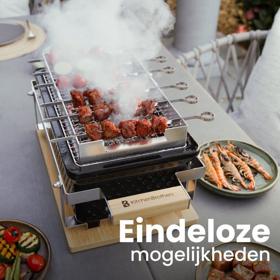KitchenBrothers Kamado Hibachi Grill - Met Grillrek en Stokjes - Houtskool Barbecue - PFAS-vrij - Shichirin Tafelgrill - Rechthoekige BBQ - Keramische Barbecue - Zwart