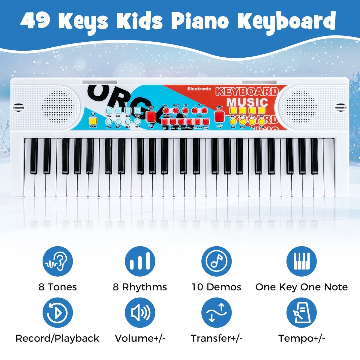 Coast Kinderkeyboard - 49 toetsen - draagbaar elektrisch keyboard - 8 ritmes - wit