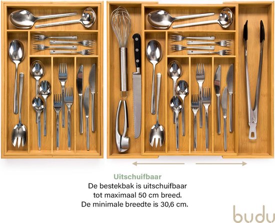 Budu Uitschuifbare Bamboe Bestekbak #47 (47 cm diep) - Bestekcassette Hout - Besteklade - 47 x 30,6 - 50 cm - 6/8 vakken