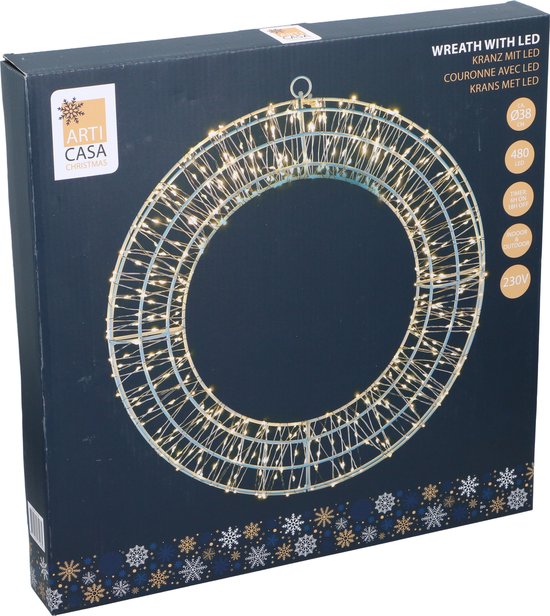 Arti Casa LED Kerstkrans 38cm - Kerstversiering voor Binnen en Buiten - Met 480 LED's en Timer - Kerstdecoratie voor Deur of Muur - Kerstkrans Met Verlichting - 220-240V