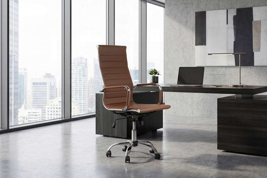 Feel Furniture - Luxe Bureaustoel - Hoge Rugleuning - Cognac met Zilveren Frame