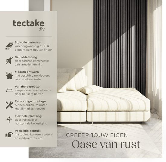 tectake® Akoestische Panelen - Set van 2 - Akoestisch Wandpaneel - 60 x 120 cm - 1,44 m² - Wandpanelen met Aanpasbare Grootte - Lattenwand van MDF en Houtfineer - Geluidsisolatie - Stijlvolle Wanddecoratie - Eenvoudige Montage - Zwart Eiken