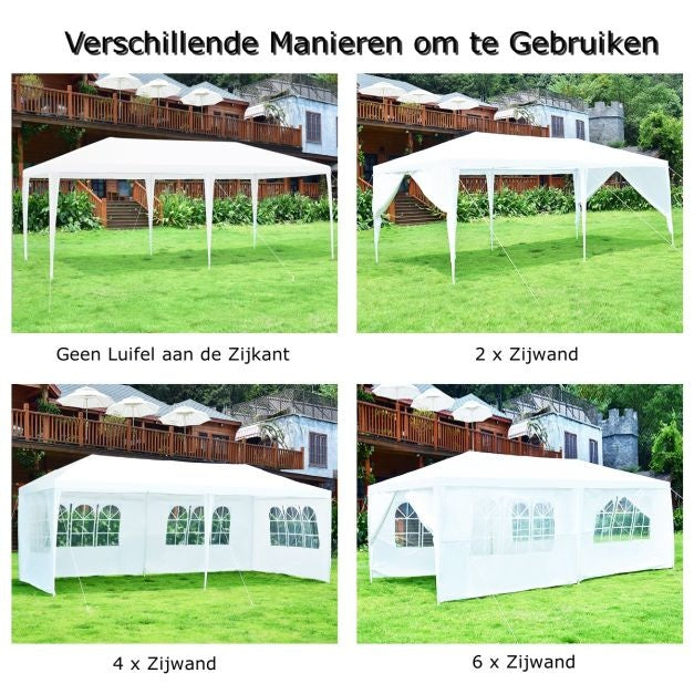 Coast Tuinpaviljoen Feesttent - 6 Zijwanden, UV- & Waterdicht, Piekhoogte 2.5m - 6 x 3 x 2.5 m - Staal/PE - Wit