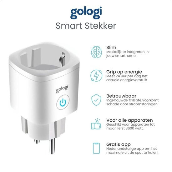 Gologi Slimme stekker - Smart plug - Tijdschakelaar & Energiemeter - WIFI - Google Home & Amazon Alexa - 4 Stuks - Wit