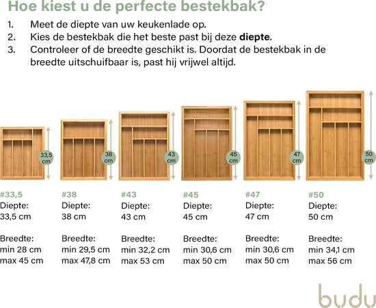 Budu Uitschuifbare Bamboe Bestekbak #50 (50 cm diep) - Bestekcassette Hout - Besteklade - 50 x 34,1 - 56 cm - 6/8 vakken