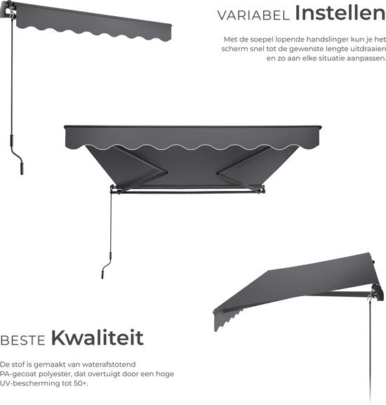tectake® Zonnescherm met Knikarm - 250 x 200 cm - Zonneluifel - Zonwering voor Raam, Balkon, Buiten - Te Monteren aan Muur - Water- en UV-Bestendig - Donkergrijs