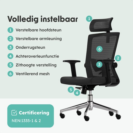 LifeGoods Ergonomische Bureaustoel - Office Chair - NEN- en SGS-gecertificeerd - Volwassenen - Hoofdsteun - Zwart/Chroom