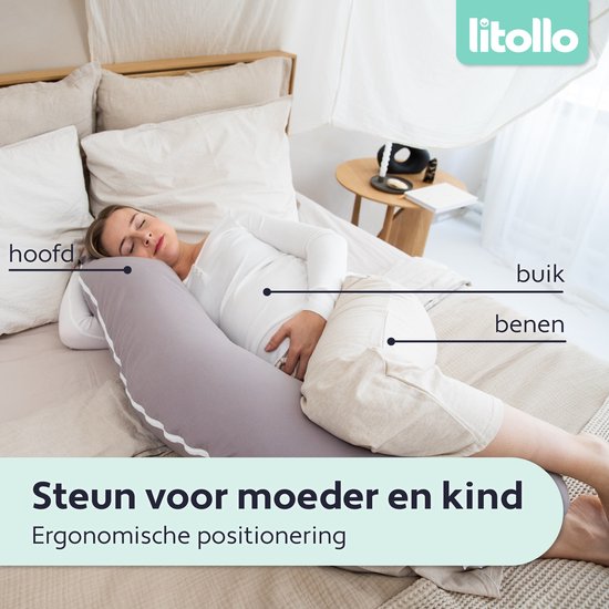Litollo® Zwangerschapskussen (J-vorm) - Zijslaapkussen - Voedingskussen - Lichaamskussen - Body pillow - 145cm - Afneembare hoes - Grijs