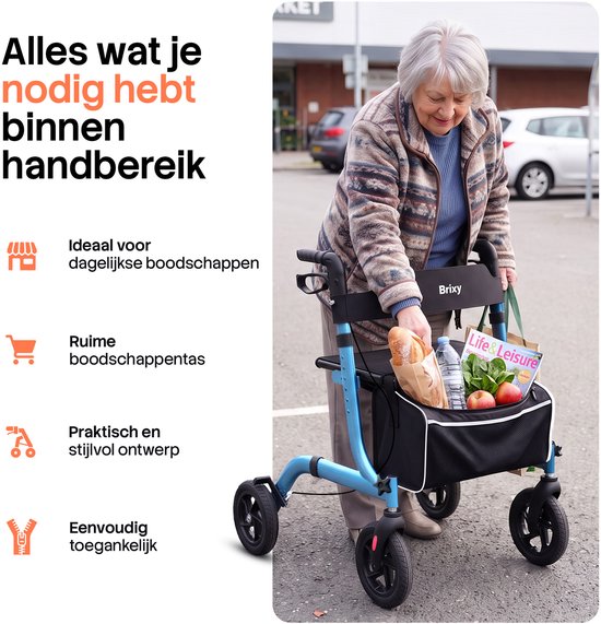 Brixy Rollator - Lichtgewicht & Opvouwbaar - 360° Rubberen Wielen - Zitfunctie - Binnen & Buiten - Rugleuning, Tas & Wandelstokhouder - Blauw