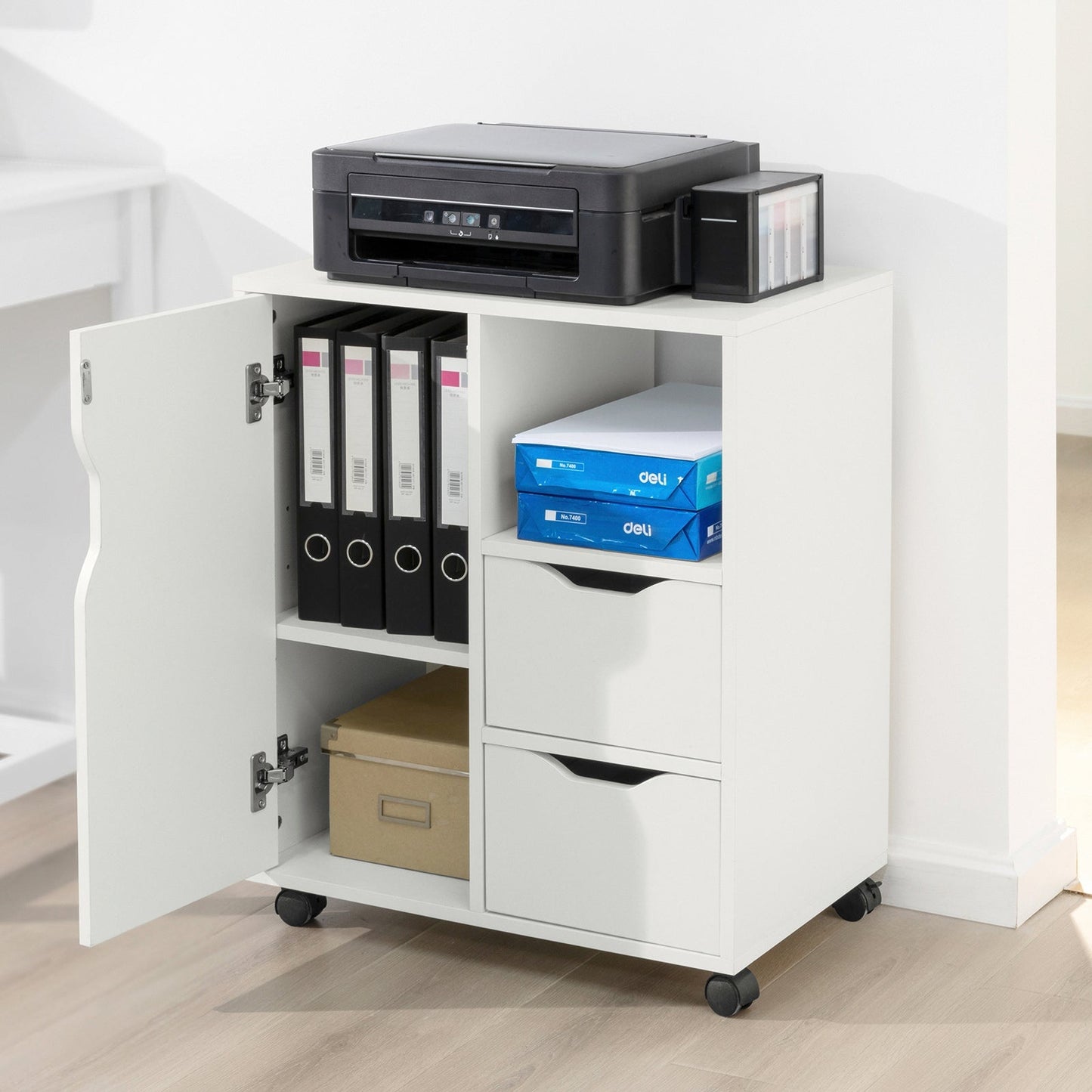 SoBuy Kantoorkastje - Printer standaard met Laden en Deur - Max. 50KG - 60 x 35 x 70 cm - Wit