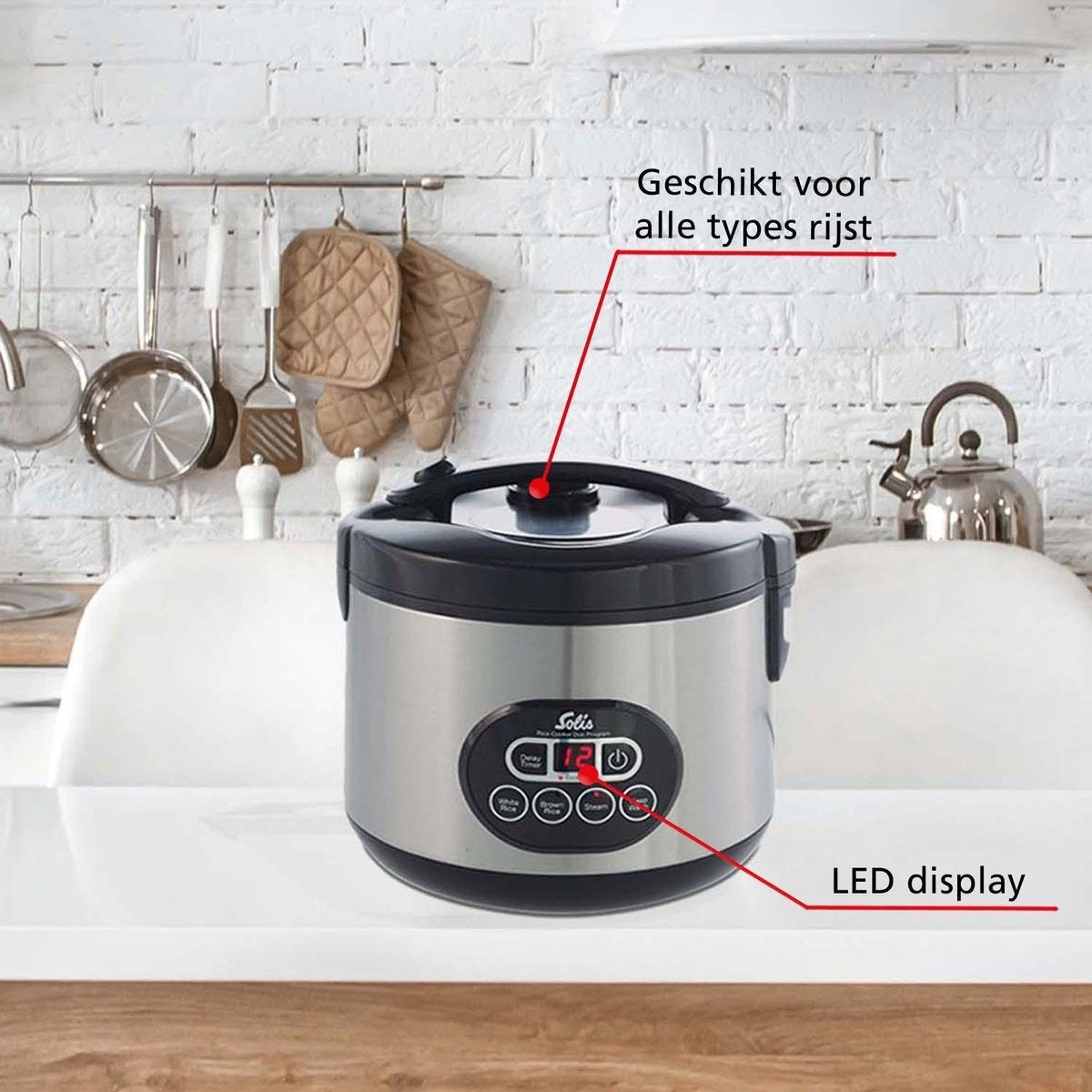 Solis Rice Cooker Duo Programm 817 Rice Cooker met Stomer - Rijstkoker en Stoomkoker - Stoompan - 23 x 23 x 24 cm - Zilver