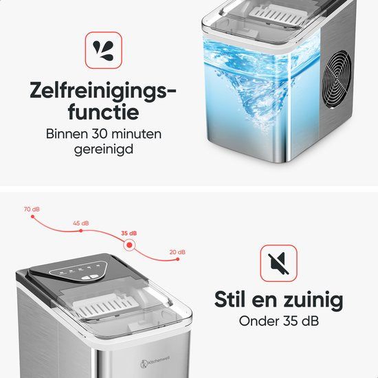 Kitchenwell IJsblokjesmaker – Voorzien Van 2L Watertank En 2 IJsblokjesopties En Rvs Behuizing – Voor Cocktails En Frisdranken – Grijs Roestvrij Staal – 12 kg per 24 Uur