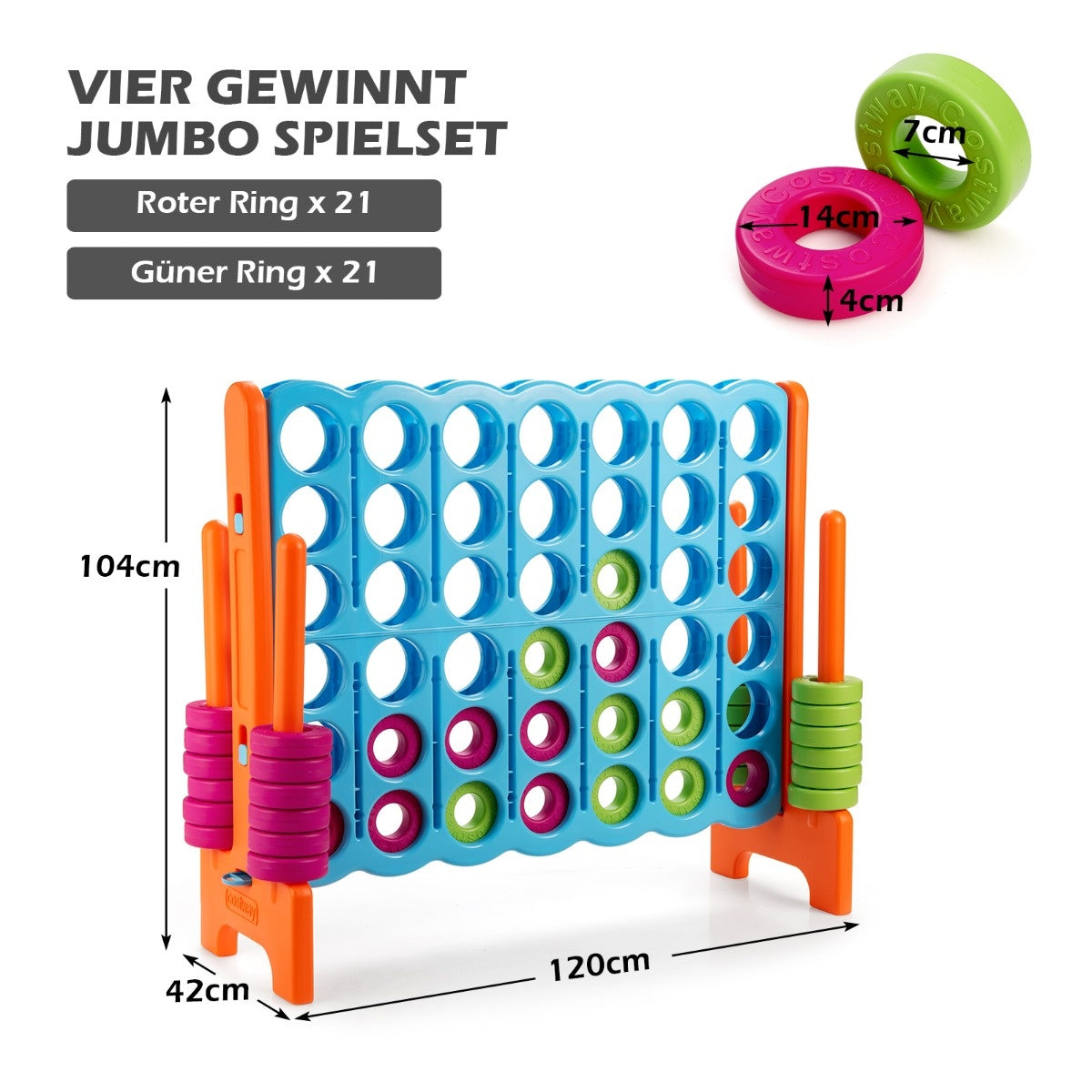Coast Vier op een Rij Spel met 42 Jumbo Ringen 120 x 42 x 104 cm Blauw + Oranje