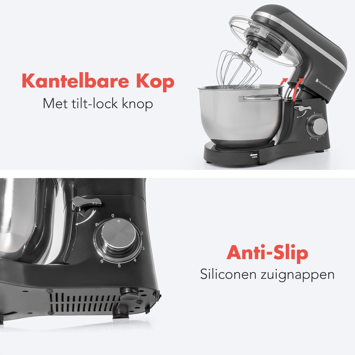 KitchenBrothers Keukenmachine - Keukenmixer met 6L RVS mengkom - Keukenrobot - 20000W - Antraciet