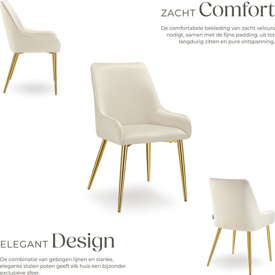 tectake® Eetkamerstoel Avane - Fluweeloptiek - Ergonomische gestoffeerde stoel met gouden stalen poten - Draagkracht 120 kg - Moderne eetkamer- en keukenstoel - Set van 2 - Beige