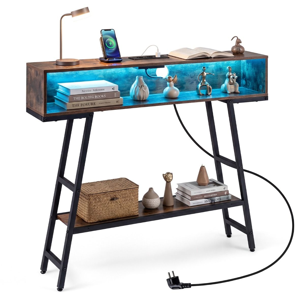 Coast Consoletafel met ledverlichting - oplaadstation - 3 niveaus - roestbruin en zwart - 100 x 20 x 86,5 cm