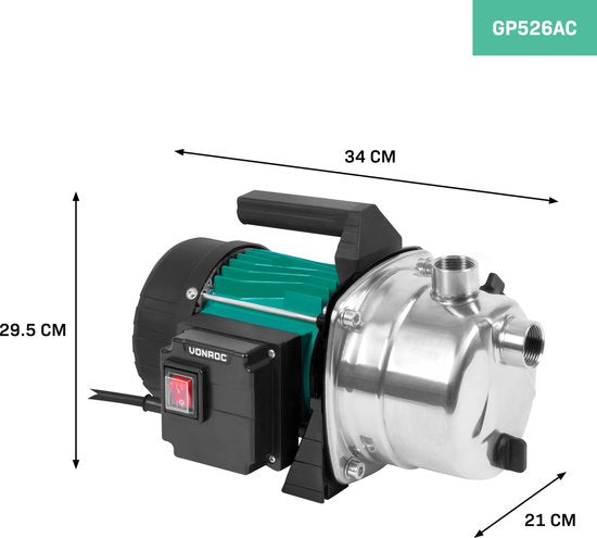 VONROC Beregeningspomp / Waterpomp 1000W - 3500l/u - RVS pomphuis - Voor besproeien van tuin/gazon
