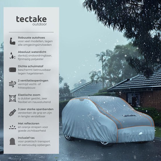 tectake® Autohoes - Autozeil voor Buiten - Hagelbescherming - Waterdicht Deken met 3 Verstelbare Spanbanden - Ademend - Auto Beschermhoes met Opbergtas - Compatibel met vele modellen - Afmeting (LxBxH) 520 x 185 x 145 cm - Voor SUV of Busje