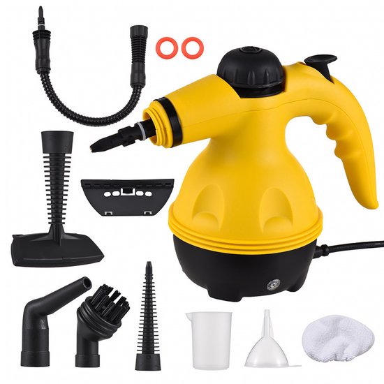 Fuegobird A001 Handheld Stoomreinigers - 1000W Handstomer - Vlekkenreiniger - Tapijtreiniger - 9 Opzetstukken - Vloeren, Bank, Tapijt, Badkamer & Keuken - 450ML Tank - Geel