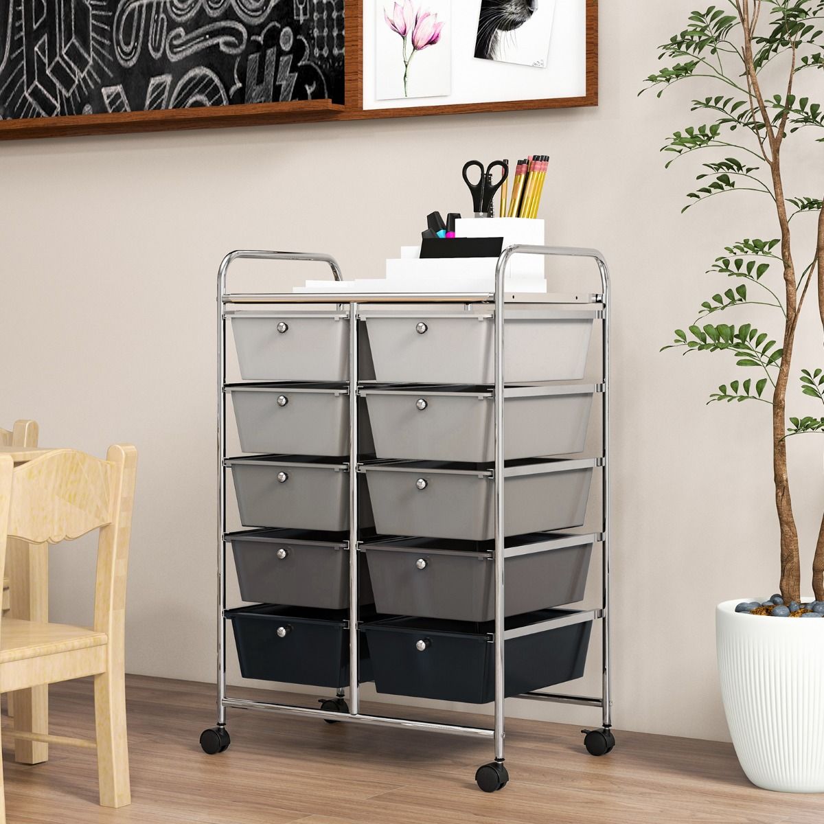 Coast Opbergwagen met 10 lades - metalen frame - vergrendelbare wielen - zwart en grijs