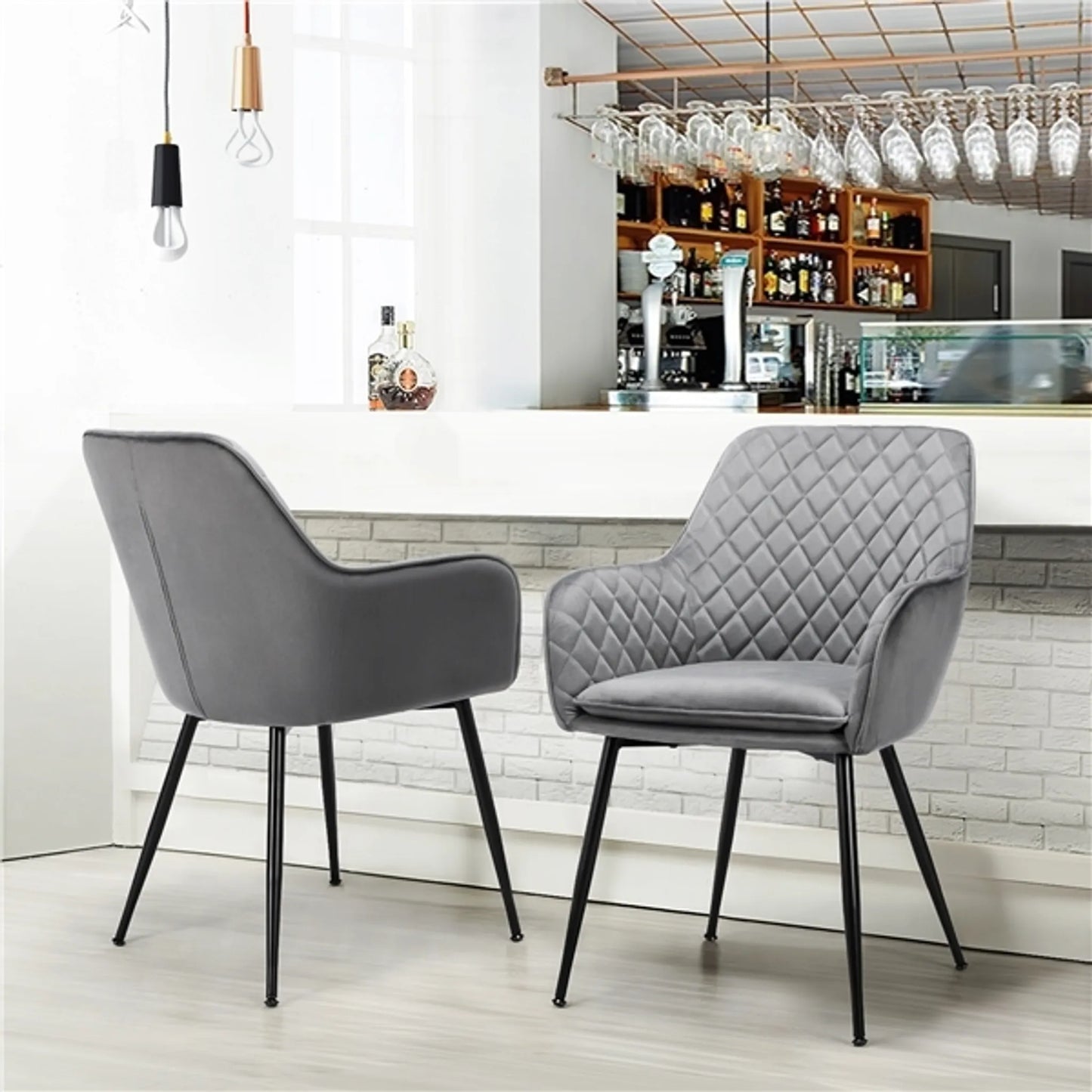 Yaheetech Eetkamerstoelen Set van 2 - Lichtgrijs - Fluweel - Met Armleuningen - 120 kg - 57,5 x 58 x 86,5 cm