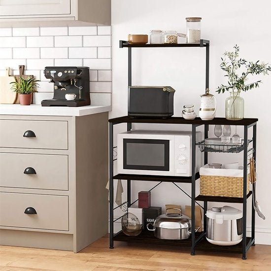 Goliving Keukenkast – Keukenrek Staand – Magnetronkast – Organizer – Metaal – Hout – 90 x 40 x 132 cm – Zwart