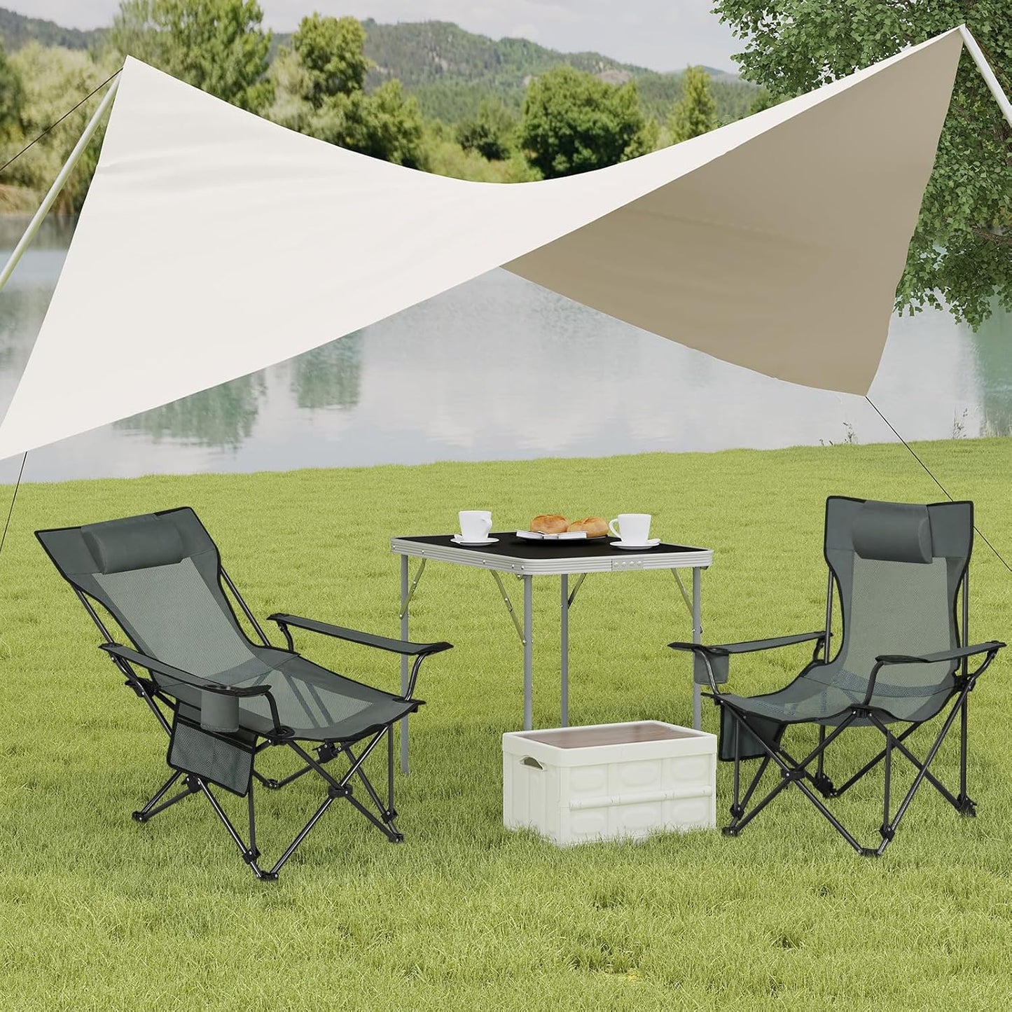 Woltu Campingstoel Verstelbare Rugleuning met Voetensteun - Grijs - 84 x 101 x 71 cm - Opvouwbaar - Bekerhouder & Draagtas