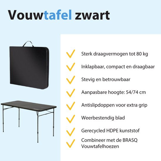 BRASQ Inklapbare Vouwtafel Zwart - 120x60x74cm - Campingtafel - Klaptafel - Inklapbaar - Weerbestendig