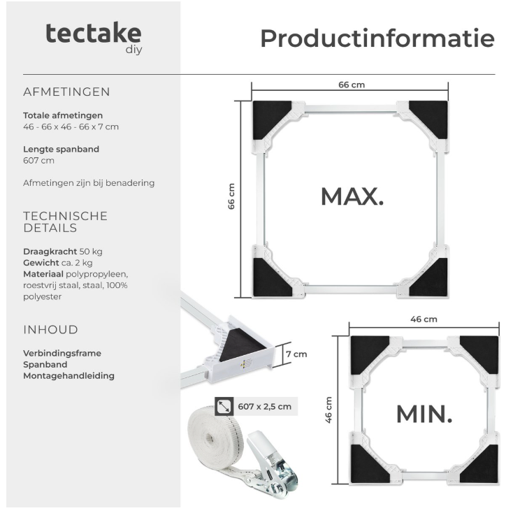 Tectake – Tussenstuk Wasmachine & Droger – Universele Stapelkit – Wit Staal – Met Schuimrubberkussens & Spanband – Ruimtebesparend & Stabiel – Veilig Stapelen