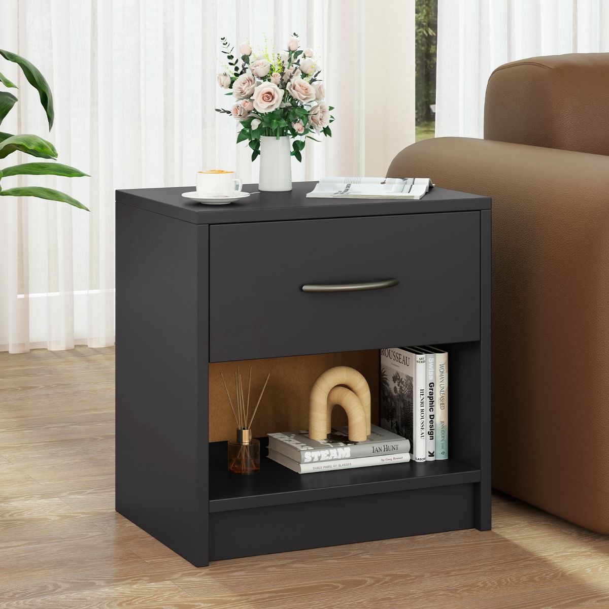 Coast Nachtkastje met lade - open opbergplank - compact ontwerp - 38,5 x 28 x 40,5 cm - bruin en zwart