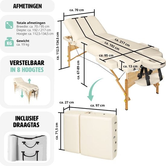 tectake® - Massagetafel met matras van 10 cm hoog + draagtas behandeltafel massage tafel - beige - behandelbank – incl. opbergtas – opvouwbaar