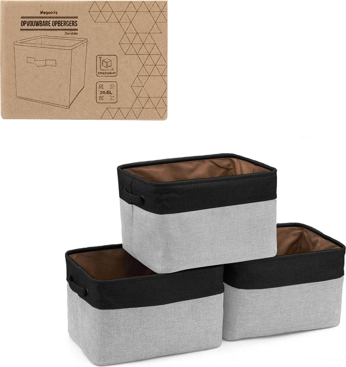LifeGoods Opbergmand - 3 Stuks - Kast Organizer - 20 L - Textiel - Grijs