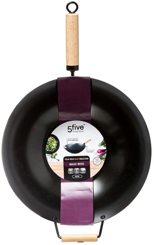 5Five Wok/hapjes/bak pan - Professional - met anti aanbak laag - metaal/hout - D35 x H16 cm - keuken pannen - alle hittebronnen geen inductie