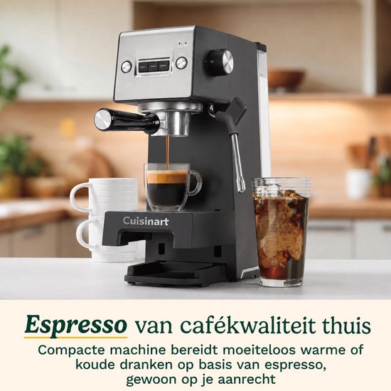 Cuisinart Slim Espresso Pistonmachine voor Espresso Americano en Cold Brew met Geïntegreerde melkopschuimer voor Latte en Cappuccino 15 bar druk bodemloze portafilter Compact design geschikt voor reismokken 1.5L waterreservoir