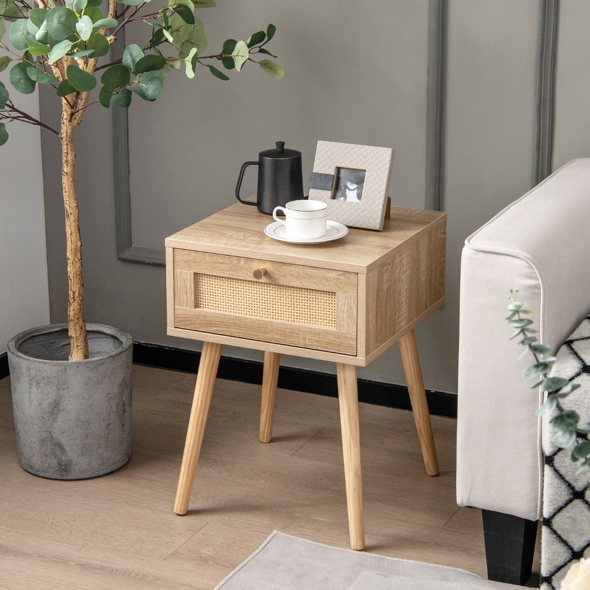 Coast Set van 2 Rotan Nachtkastjes - met lade - massief houten poten - natuurlijk eiken - 40 x 40 x 55 cm