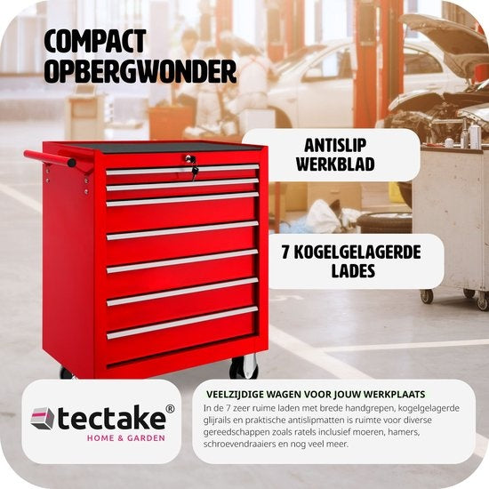 tectake® - Gereedschapswagen met 7 lades - werkplaatswagen, rijdende werkplaats, lege gereedschapswagen, gereedschapskist, 7 laden, 69 x 33 x 79 cm, wielen met rem, incl. 2 sleutels - rood