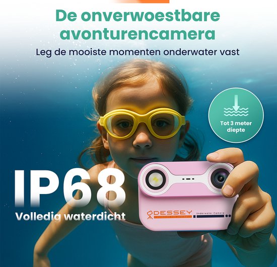 ODESSEY Waterdichte Kindercamera - met Tripod - Full HD - Selfie Camera - 32GB SD Kaart - Foto - Video - Spelletjes - Digitale Camera Kinderen - Fototoestel voor kinderen - Roze