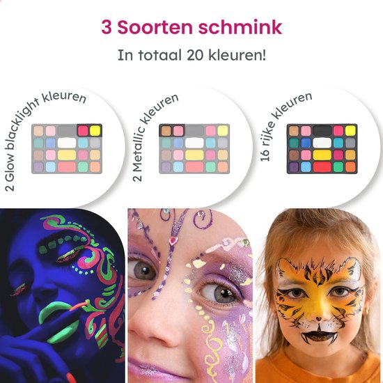 Partizzle Schminkset op Waterbasis - Schmink Boek en Sjabloon Set - Penselen, Sponsjes, Haarkrijt, Bio Glitters - Kerst Kinderen - 20 Kleuren