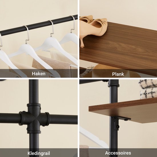 SoBuy industrieel kledingrek met 3 stangen en 3 MDF-planken, robuuste open kledingkast, industrieel zwart KLS18-SCH
