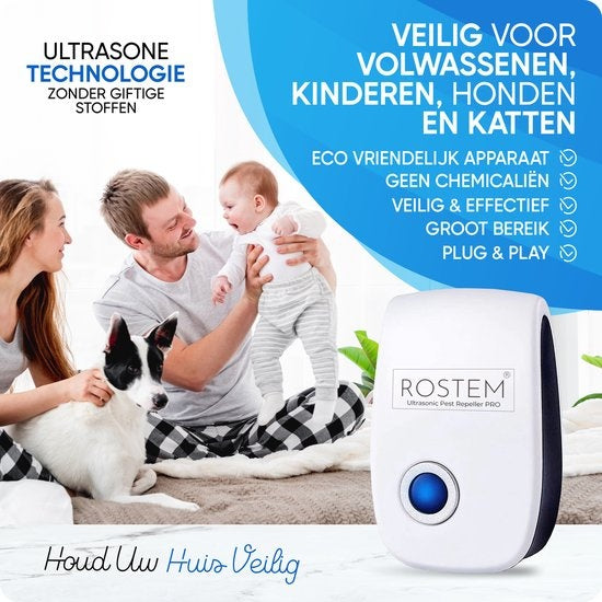 ROSTEM Ultrasone Ongedierteverjager – 4 Stuks, Gifvrij – 120 m² Bereik – Wit