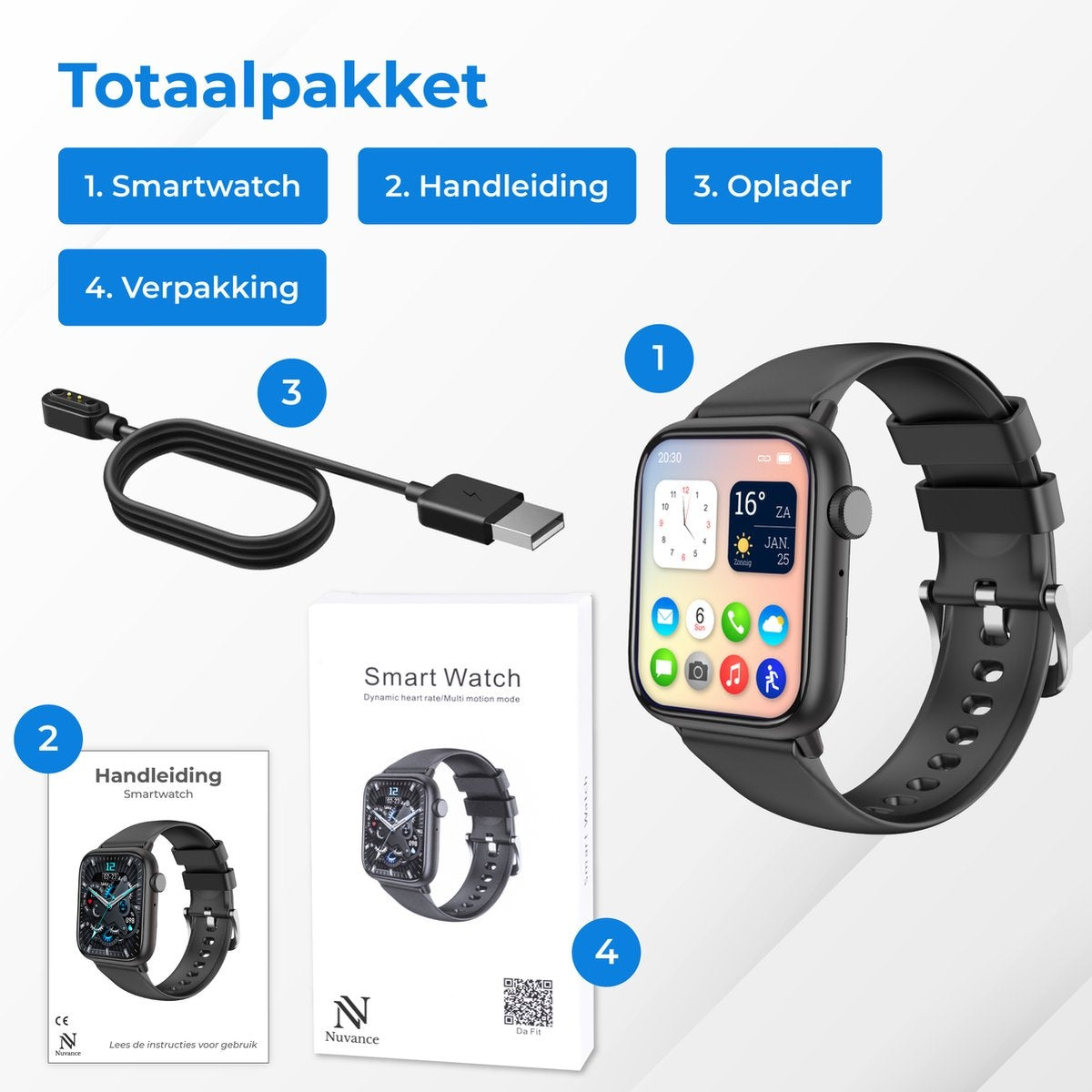 Nuvance - Smartwatch Heren & Dames met Bluetooth - 45mm - Geschikt voor alle Smartphones - Stappenteller en Hartslagmeter - Waterdicht - Zwart