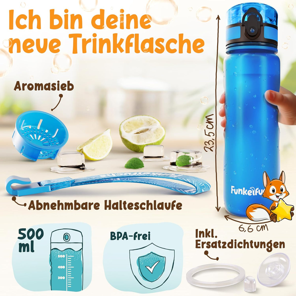 Funkelfuchs® - Drinkfles voor kinderen - 500ml, blauw - koolzuurhoudend - 100% lekvrij - waterfles vaatwasmachinebestendig - voor kleuterschool, school, sport