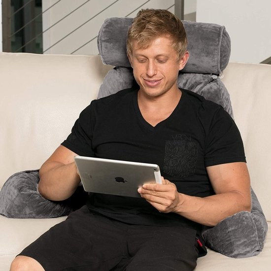 EL-Life Leeskussen met Nekrol - Relax Kussen - Zitkussen - Onderrug Ondersteuning - Lekker Lui Lezen Kussen - Fluweel Lichtgrijs
